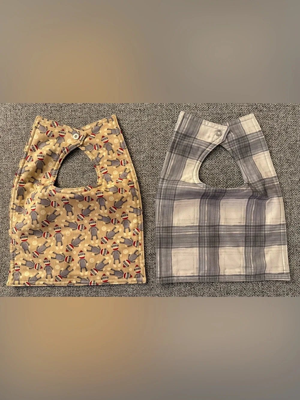 Set of 2 NEW hand-sewn bibs - Monkey/Plaid